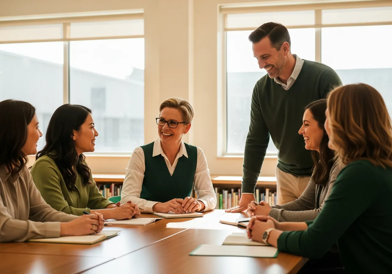 Equipo directivo y profesorado trabajando juntos en un centro